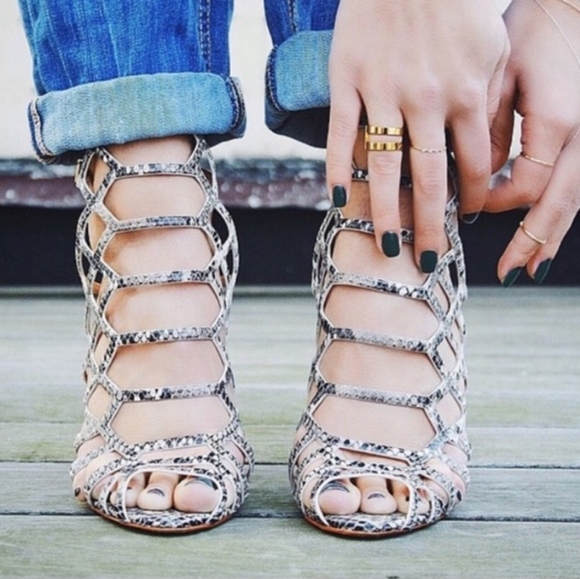 SCHUTZ Shoes - Schutz Julia Snakeskin Leather Caged Heel Sandals